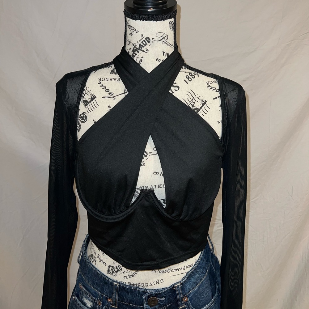 Criss Cross Wired Bra Sheer Long Sleeve Crop Top